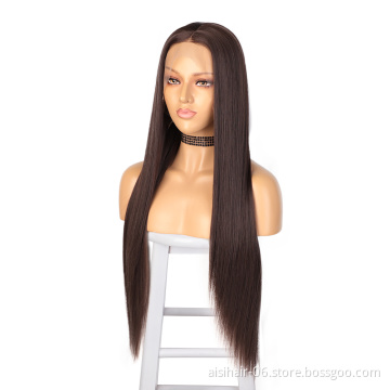Aisi Hair 26 Inch Silky Straight Wave Brown Wig Wholesale Swiss Lace Wig Synthetic Hair Lace Frontal Wigs For Black Women